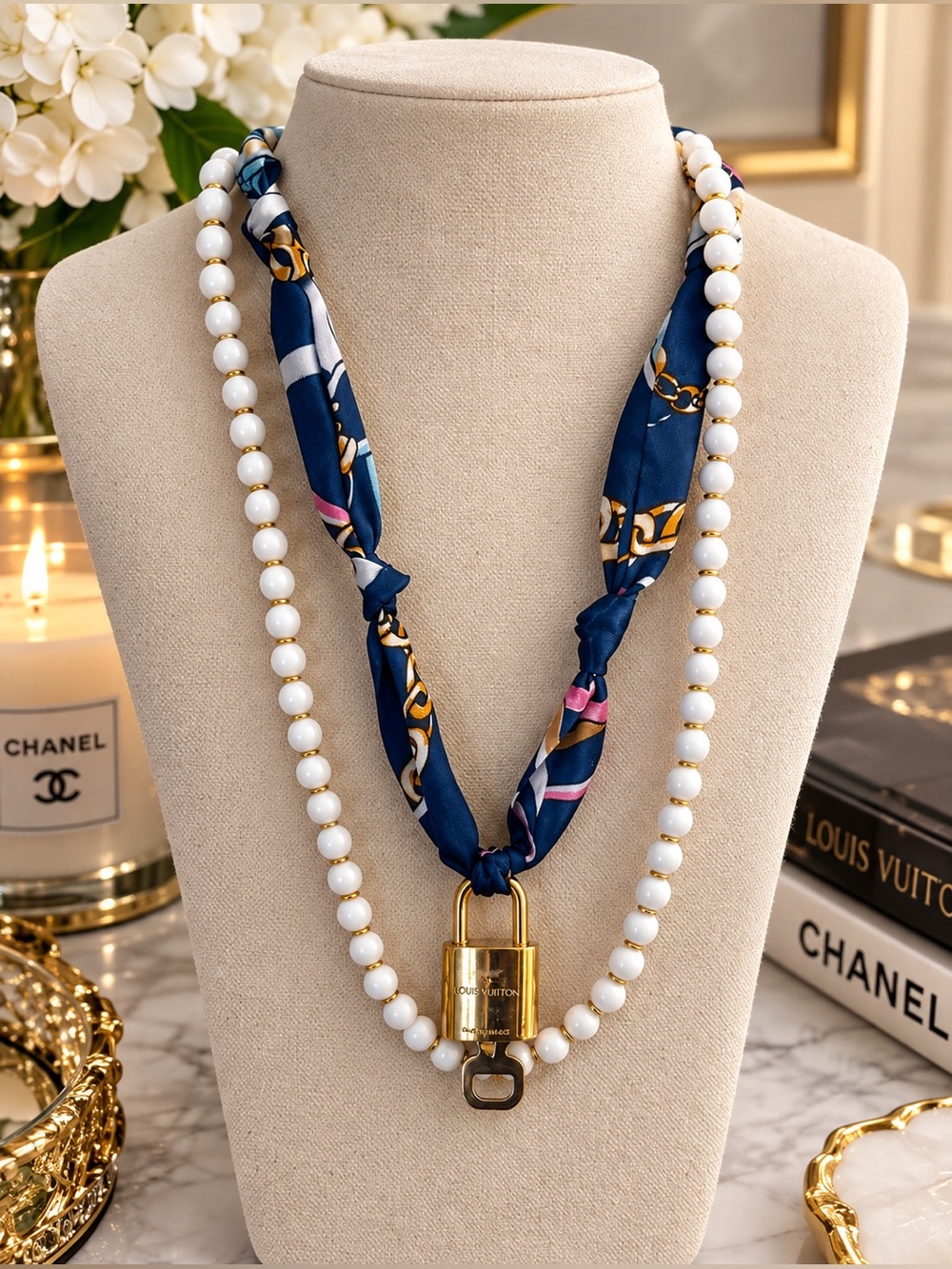 Louis Vuitton lock & key 301 on  Scarf & White Bead Necklace